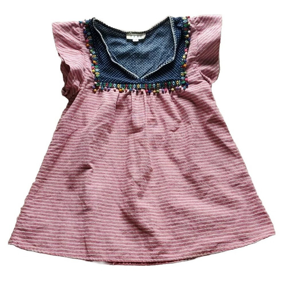 THML top xs, Cap Sleeves Colorful Embroidery & Beading Stripped 100% Cotton